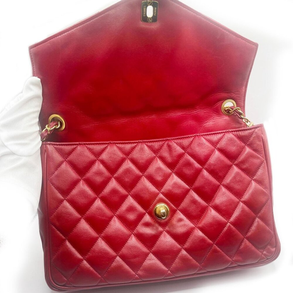CHANEL CC 24K Vintage Jumbo Envelope Flap Bag Lambskin Timeless Red Purse Chain - Picture 6 of 16